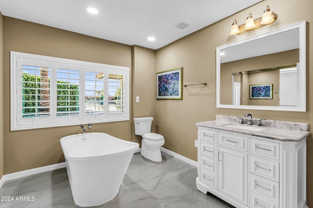 bathroom with a bathtub, vanity, and toilet