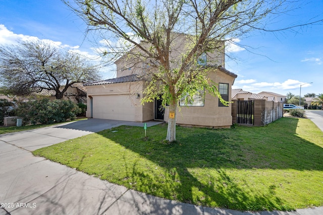 view of front of home featuring a garage, concrete driveway, a front lawn, and stucco siding