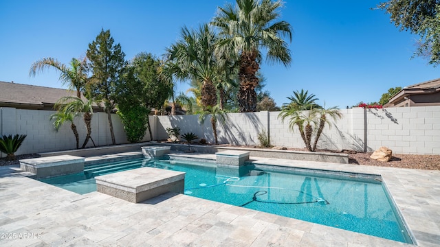 view of swimming pool featuring a fenced in pool, a fenced backyard, and a patio