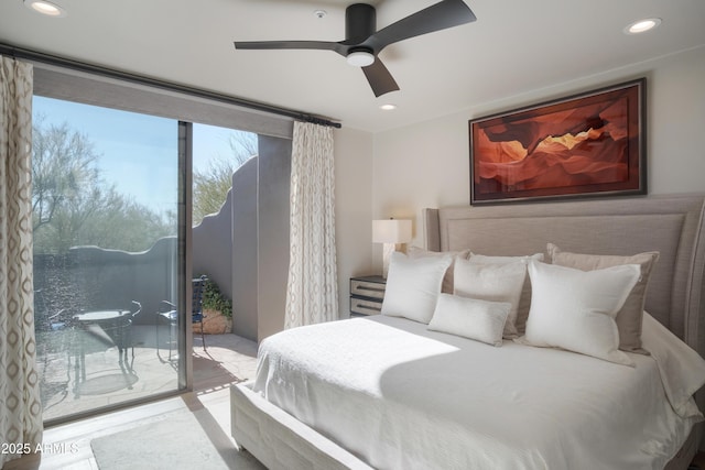 bedroom featuring ceiling fan and access to outside