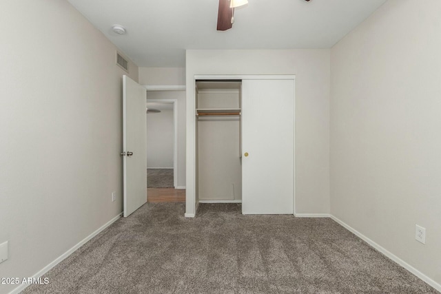21621 N 48th Pl, Phoenix, AZ 85054 - unfurnished bedroom with ceiling fan, visible vents, baseboards, a closet, and carpet flooring