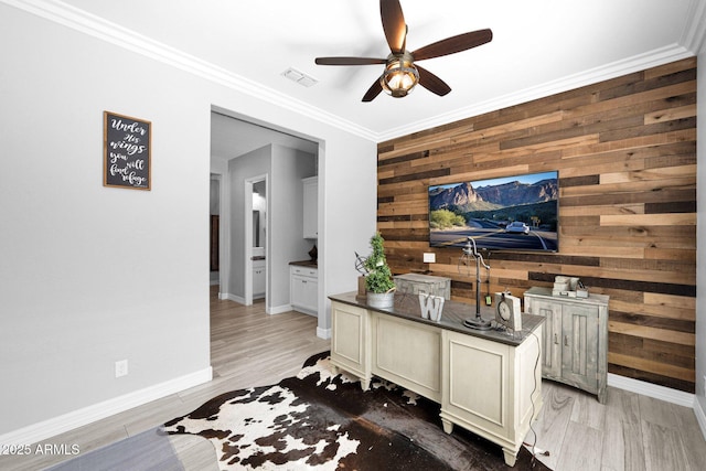 1167 E Knightsbridge Way, Gilbert, AZ 85297 - office space with crown molding, ceiling fan, wood walls, baseboards, and visible vents