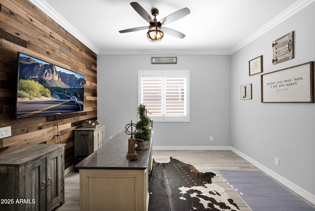 1167 E Knightsbridge Way, Gilbert, AZ 85297 - office space with crown molding, wood walls, light wood-style floors, baseboards, and ceiling fan