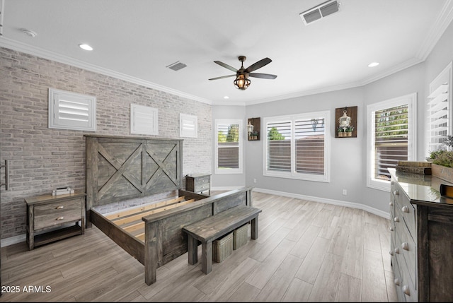 1167 E Knightsbridge Way, Gilbert, AZ 85297 - bedroom featuring baseboards, light wood-type flooring, brick wall, and visible vents