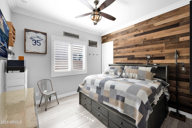 1167 E Knightsbridge Way, Gilbert, AZ 85297 - bedroom featuring crown molding, baseboards, wood walls, and ceiling fan