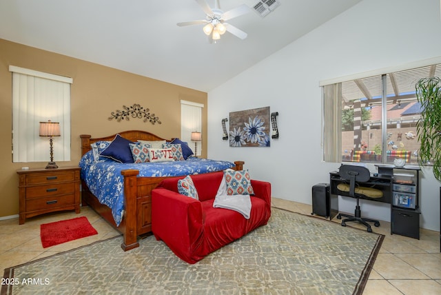 tiled bedroom featuring visible vents, ceiling fan, and high vaulted ceiling