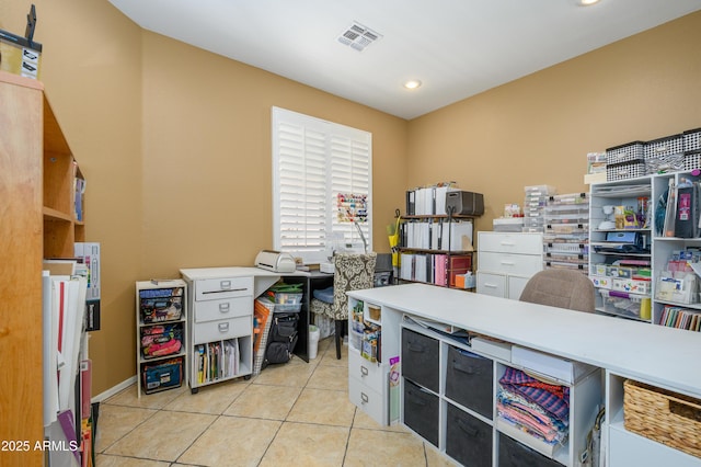 tiled home office with recessed lighting and visible vents