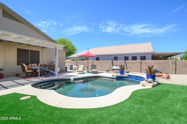 view of pool with a pergola, a patio, a fenced backyard, a fenced in pool, and a lawn