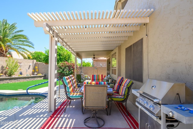 view of patio / terrace featuring a pergola, a fenced backyard, area for grilling, a ceiling fan, and outdoor dining space