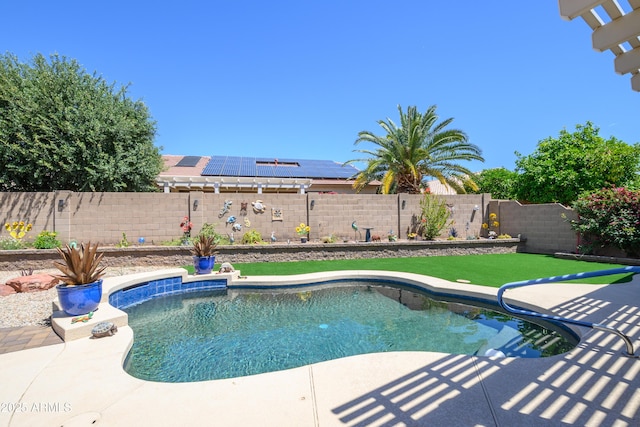 view of pool with a fenced in pool, a fenced backyard, and a patio