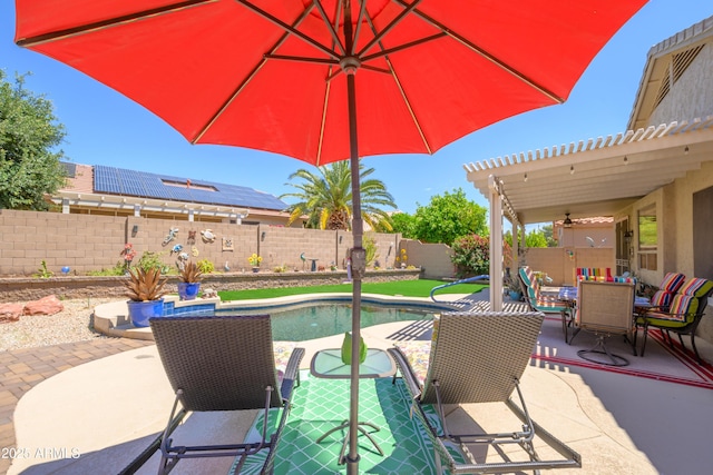 view of patio / terrace with a fenced backyard, a ceiling fan, a fenced in pool, and outdoor dining area