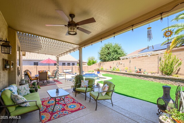 view of patio / terrace with ceiling fan, outdoor dining area, a fenced in pool, a fenced backyard, and outdoor lounge area