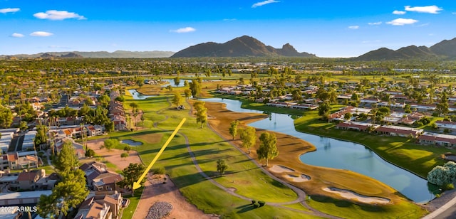 7424 N Via Camello Del Norte Unit 185, Scottsdale, AZ 85258 - aerial view of property and surrounding area featuring nearby suburban area, a water and mountain view, and a golf club