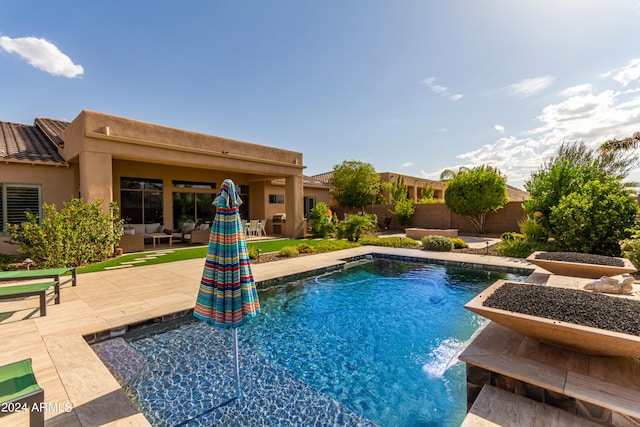 2308 E Dry Wood Rd, Phoenix, AZ 85024 - view of swimming pool with an outdoor living space, a patio area, and a fenced backyard
