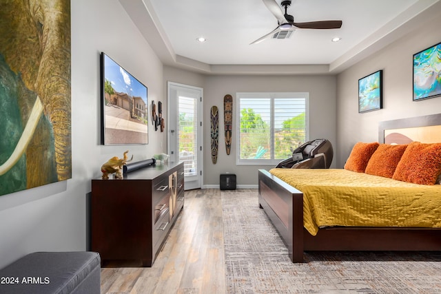 2308 E Dry Wood Rd, Phoenix, AZ 85024 - bedroom featuring light wood finished floors, access to outside, recessed lighting, a raised ceiling, and ceiling fan