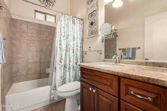 full bathroom with tile patterned flooring, vanity, shower / bath combo, and toilet