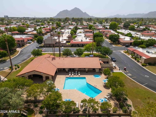 drone / aerial view featuring a mountain view