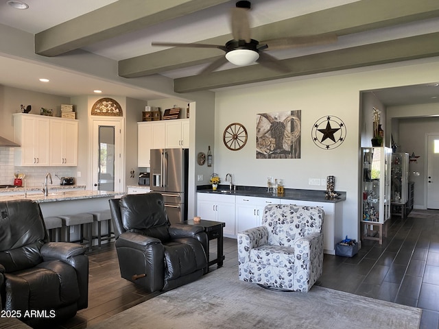 4114 Copperhead Dr, Wickenburg, AZ 85390 - living room featuring dark wood finished floors, beam ceiling, ceiling fan, and recessed lighting