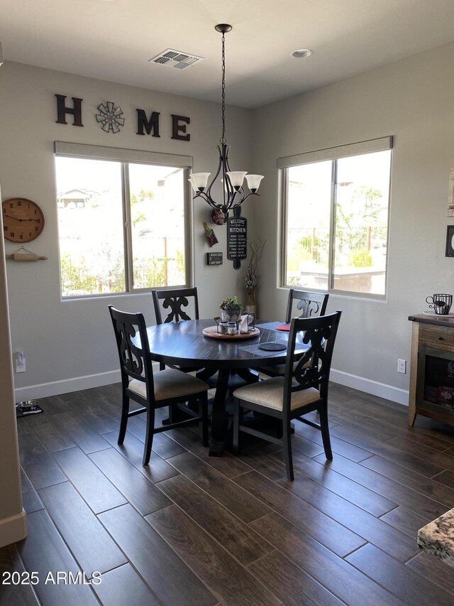 4114 Copperhead Dr, Wickenburg, AZ 85390 - dining space featuring wood tiled floors, a chandelier, baseboards, and recessed lighting