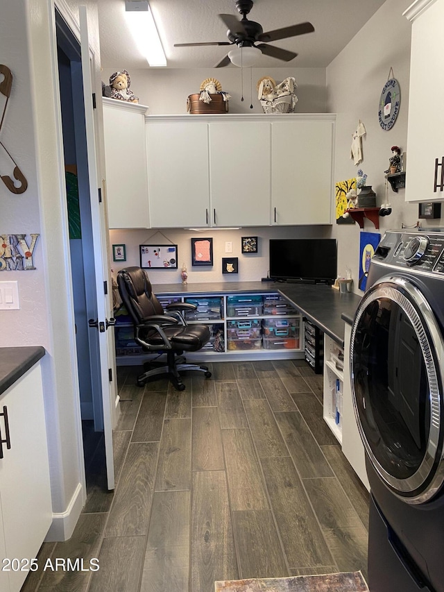 4114 Copperhead Dr, Wickenburg, AZ 85390 - laundry area with cabinet space, washer / dryer, dark wood finished floors, and ceiling fan