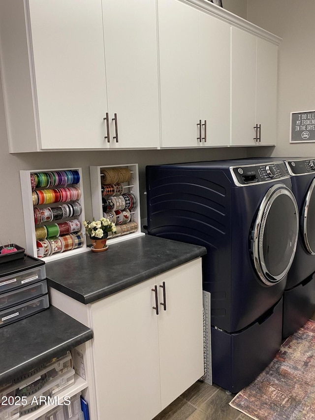 4114 Copperhead Dr, Wickenburg, AZ 85390 - laundry room featuring separate washer and dryer, cabinet space, and dark wood-type flooring