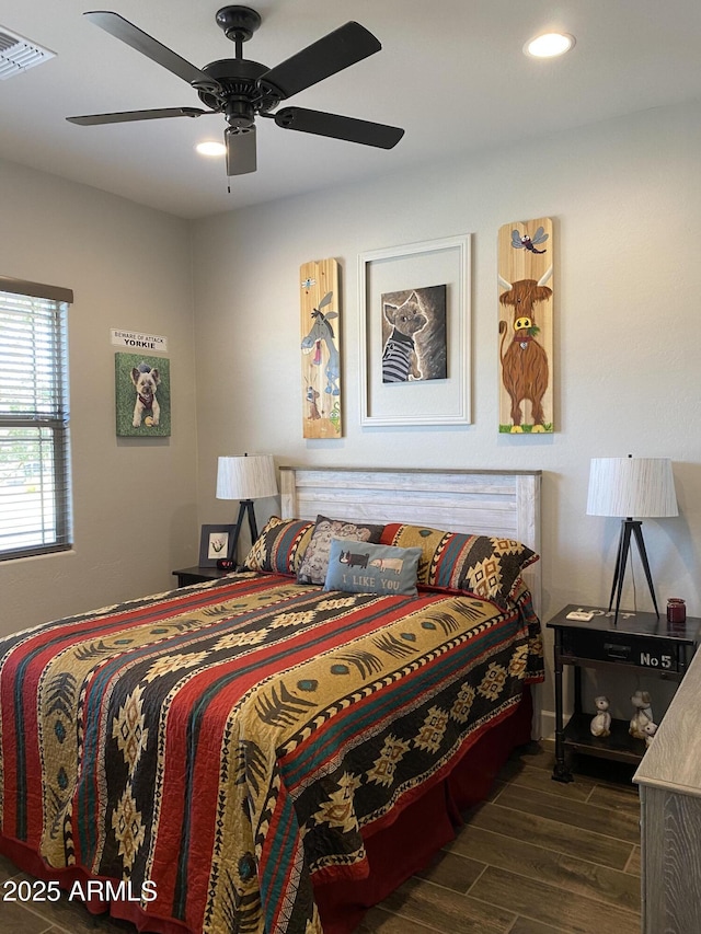 4114 Copperhead Dr, Wickenburg, AZ 85390 - bedroom with wood finished floors, recessed lighting, and a ceiling fan