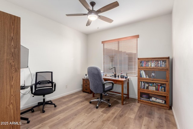 office area with ceiling fan and light hardwood / wood-style floors