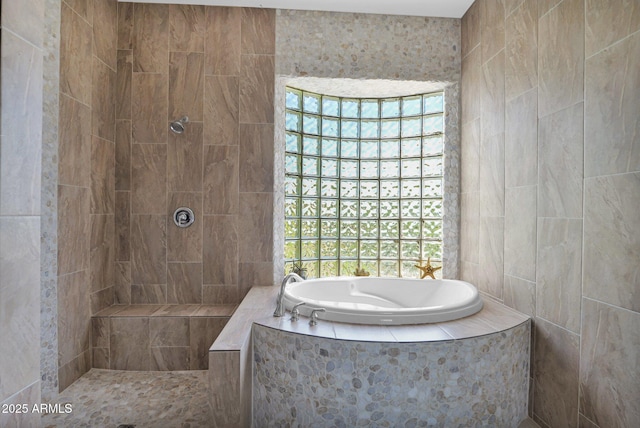 6310 E Dove Valley Rd, Cave Creek, AZ 85331 - full bathroom with a garden tub, tiled shower, and tile walls