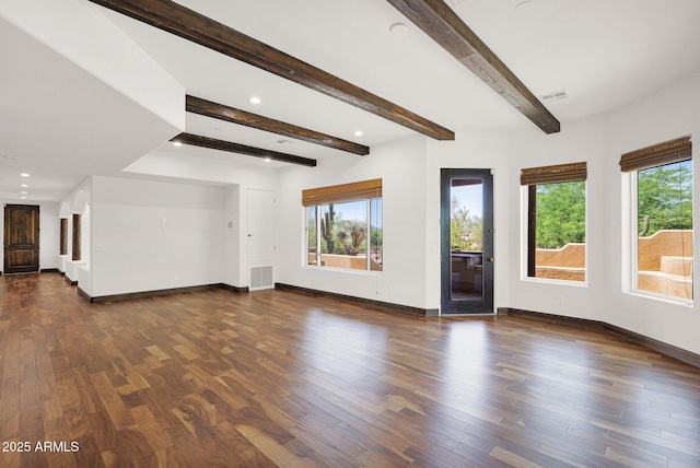 6310 E Dove Valley Rd, Cave Creek, AZ 85331 - unfurnished living room with dark wood finished floors, recessed lighting, and beamed ceiling