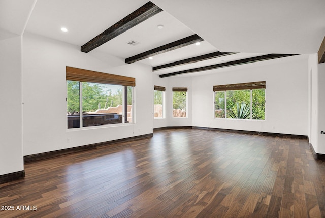6310 E Dove Valley Rd, Cave Creek, AZ 85331 - unfurnished living room featuring dark wood-style flooring, beam ceiling, and recessed lighting