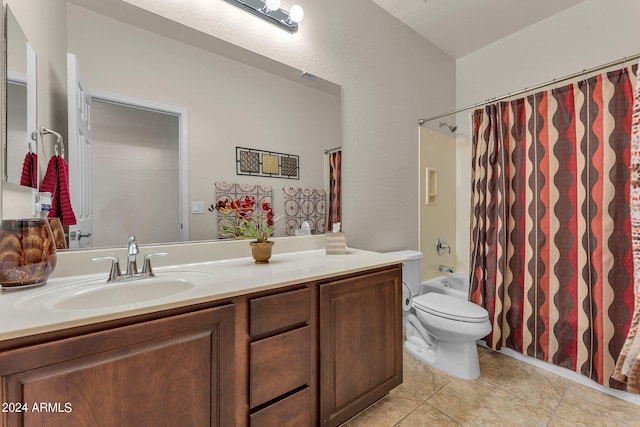 full bathroom featuring vanity, tile patterned flooring, toilet, and shower / tub combo with curtain