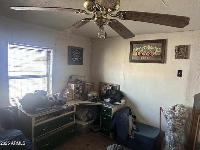 office featuring a ceiling fan and a textured wall