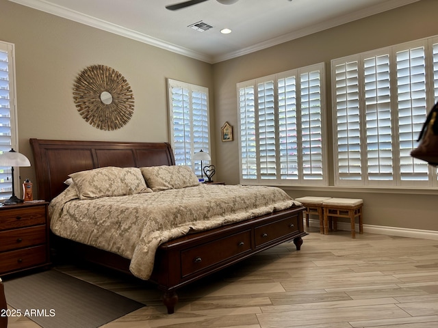 562 E Vesper Trl, Queen Creek, AZ 85140 - bedroom with ornamental molding, light wood-type flooring, baseboards, recessed lighting, and ceiling fan