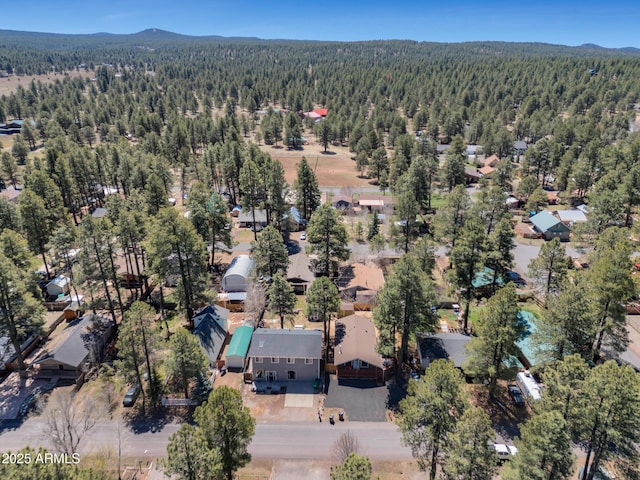 aerial view featuring a mountain view and a wooded view
