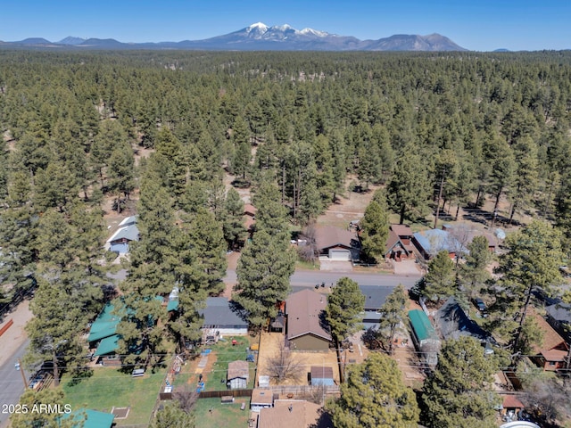 drone / aerial view with a mountain view and a wooded view