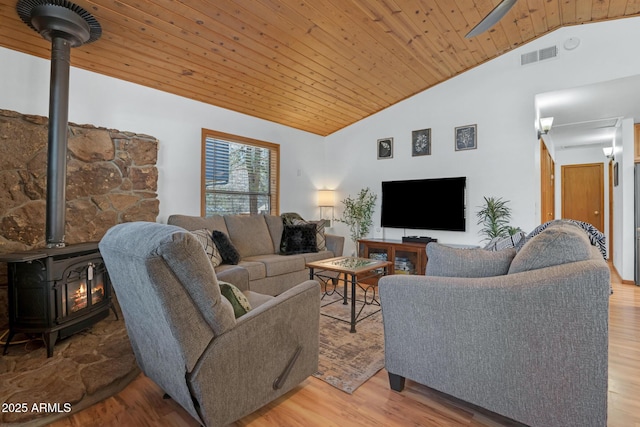 living room featuring light wood-style floors, a wood stove, wooden ceiling, and visible vents