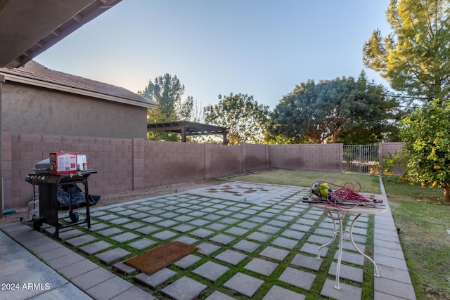 yard at dusk featuring a patio area