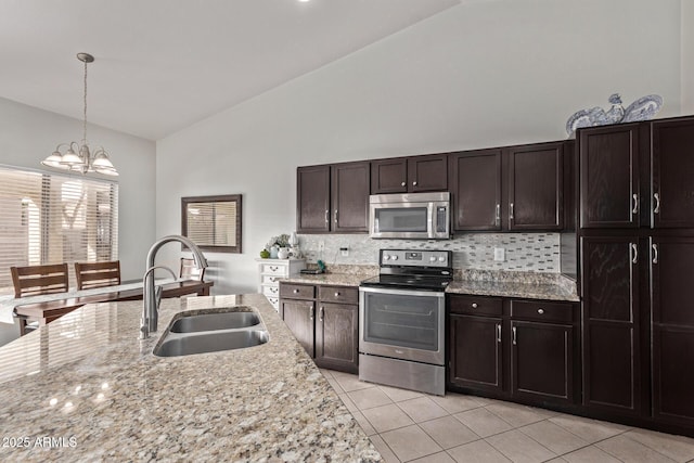 kitchen with dark brown cabinetry, sink, hanging light fixtures, and appliances with stainless steel finishes