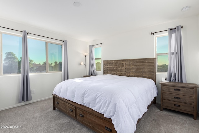 bedroom featuring light colored carpet and multiple windows