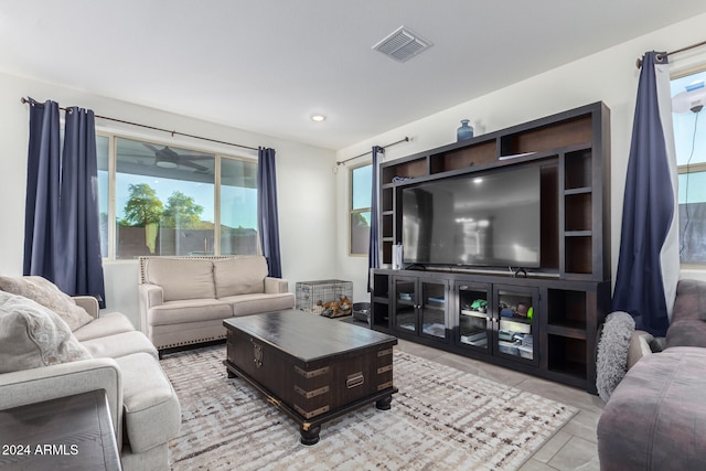 living room featuring light tile patterned floors