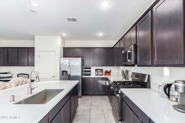 kitchen with dark brown cabinets, sink, and stainless steel appliances