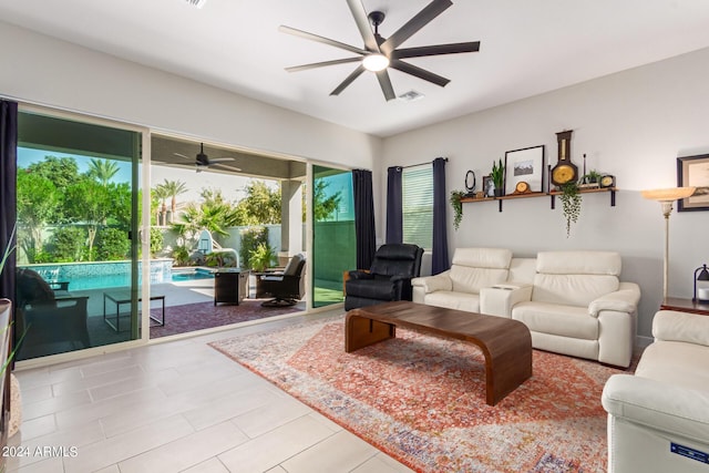 living room with ceiling fan