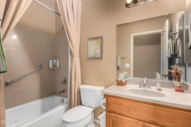 full bathroom featuring vanity, toilet, and shower / bathtub combination with curtain