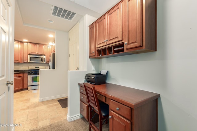 home office with stone tile floors, visible vents, baseboards, and recessed lighting