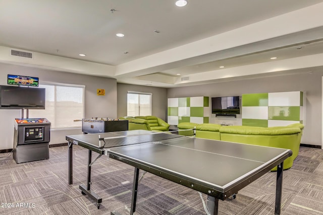 playroom featuring light colored carpet, visible vents, baseboards, and recessed lighting