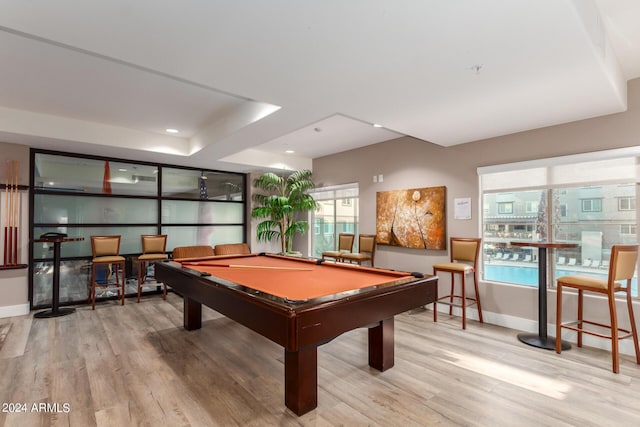 game room featuring recessed lighting, billiards, baseboards, and wood finished floors