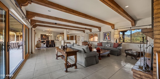 living area with a chandelier, recessed lighting, beam ceiling, and light tile patterned floors