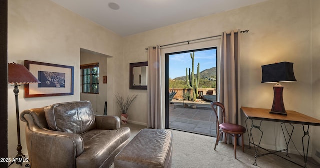 living area with carpet and baseboards