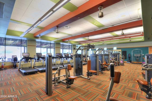 workout area with a wealth of natural light, carpet, visible vents, and baseboards