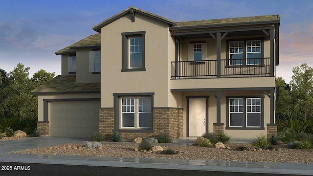 22553 S 204th Ct, Queen Creek, AZ 85142 - view of front facade featuring a balcony, stucco siding, an attached garage, brick siding, and driveway
